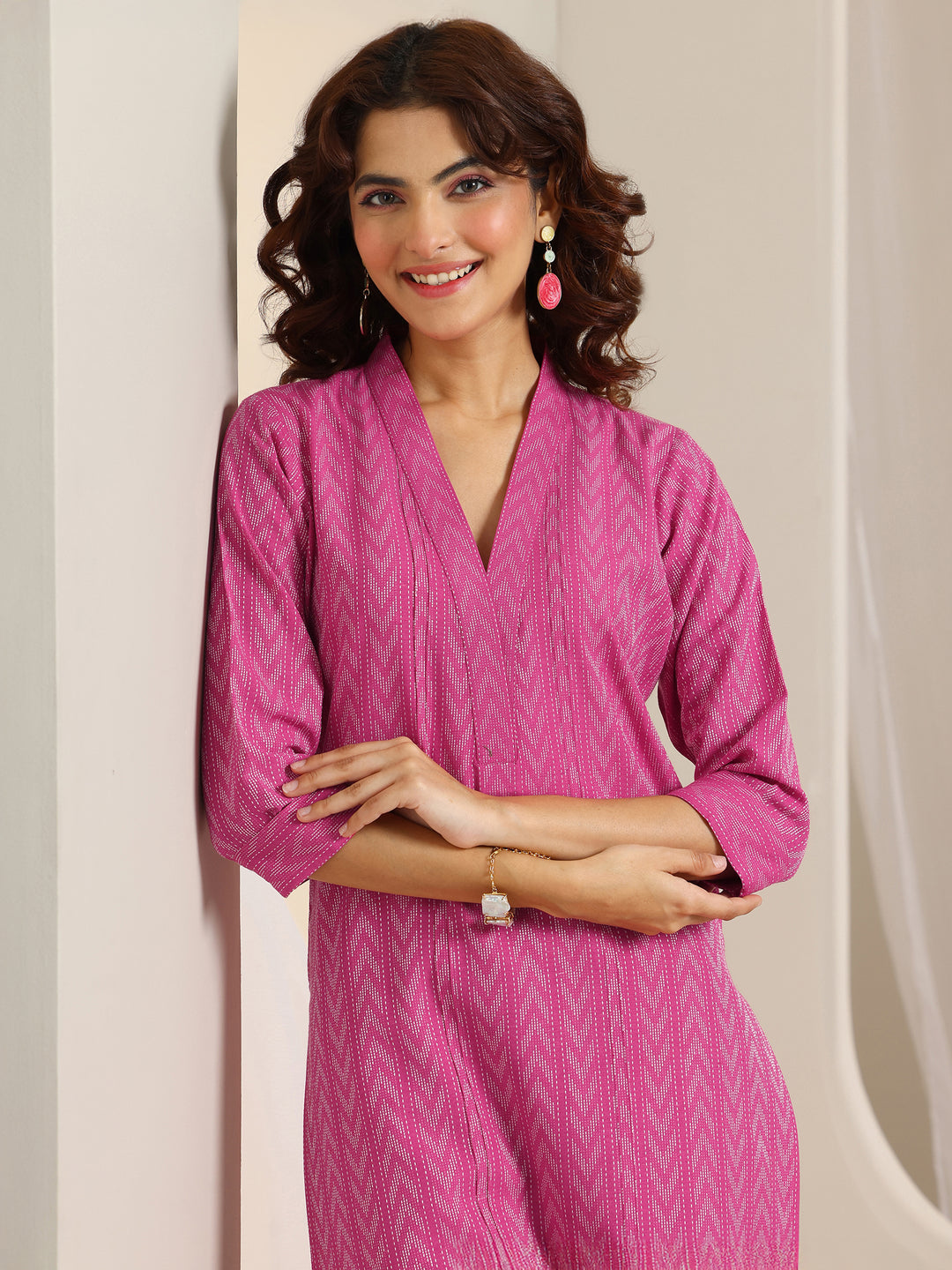  Pink Woven Design Cotton Blend Straight Suit Set With Dupatta 