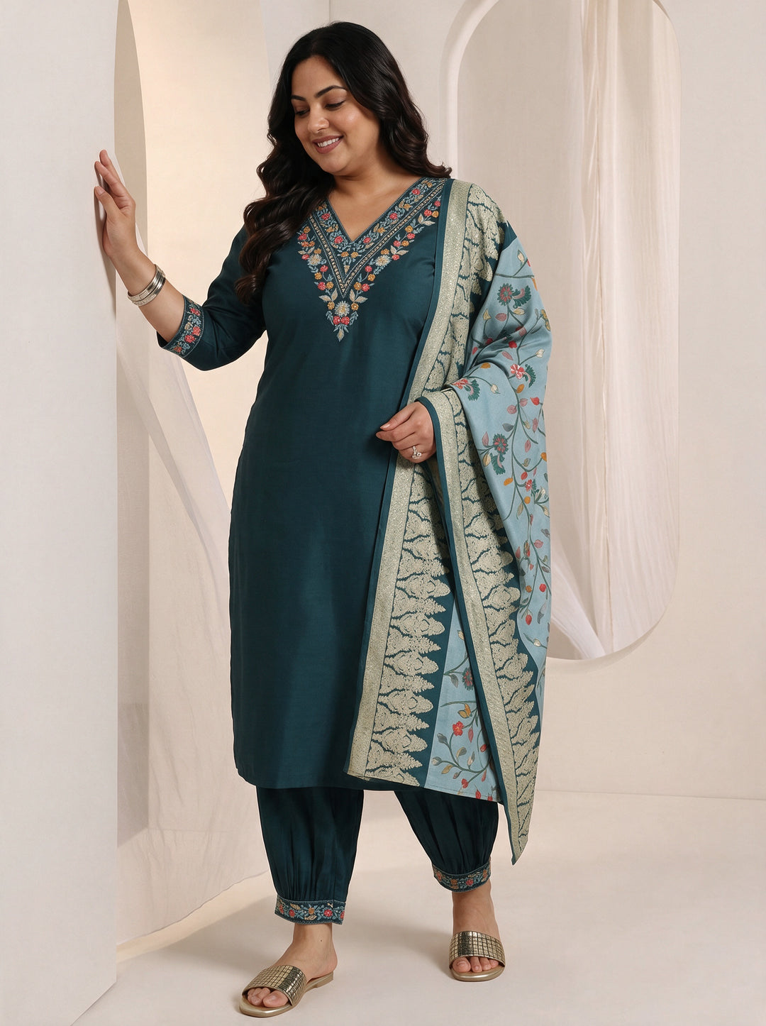  Plus Size Teal Blue Yoke Design Viscose Suit Set 
