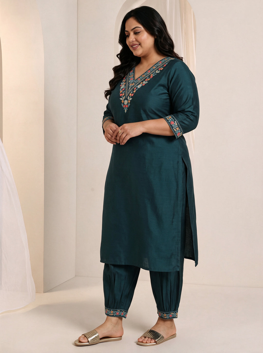  Plus Size Teal Blue Yoke Design Viscose Suit Set 