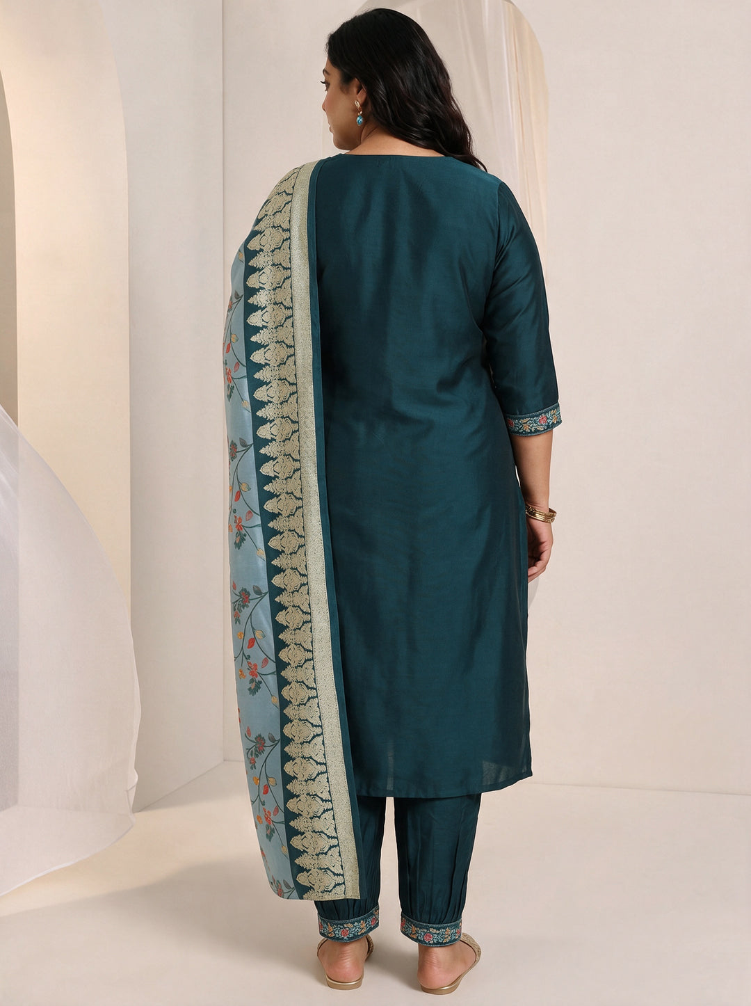  Plus Size Teal Blue Yoke Design Viscose Suit Set 