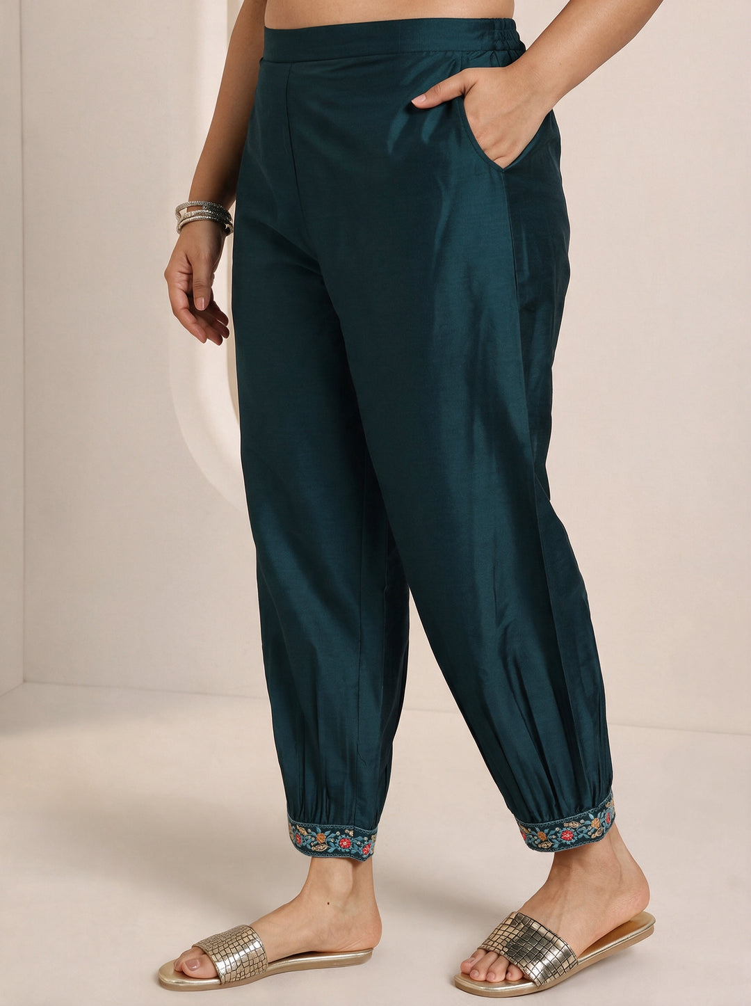  Plus Size Teal Blue Yoke Design Viscose Suit Set 