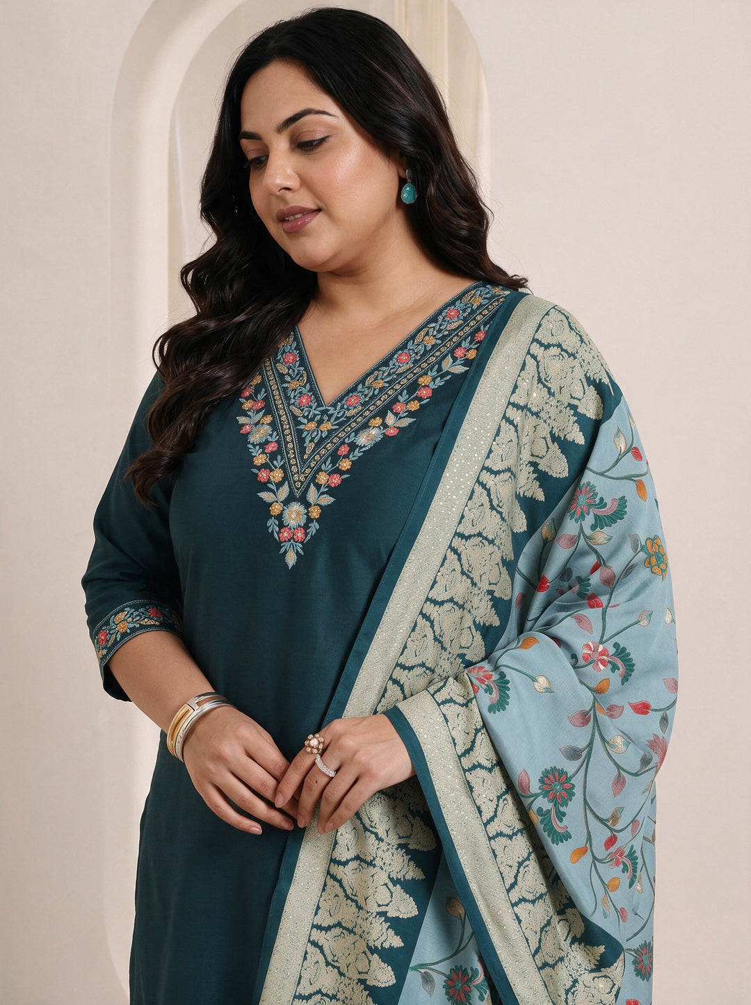  Plus Size Teal Blue Yoke Design Viscose Suit Set 