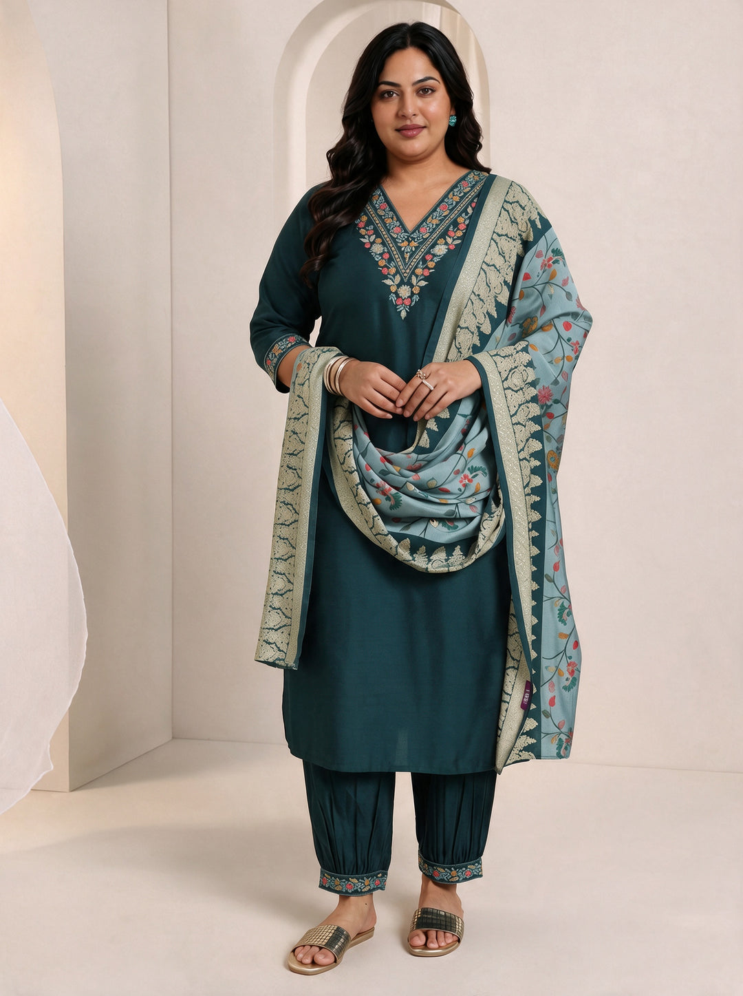 Plus Size Teal Blue Yoke Design Viscose Suit Set