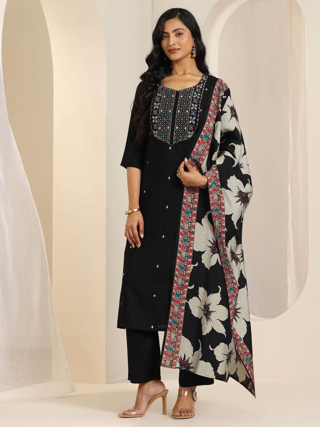  Black Embroidered Viscose Rayon Straight Suit Set With Dupatta 