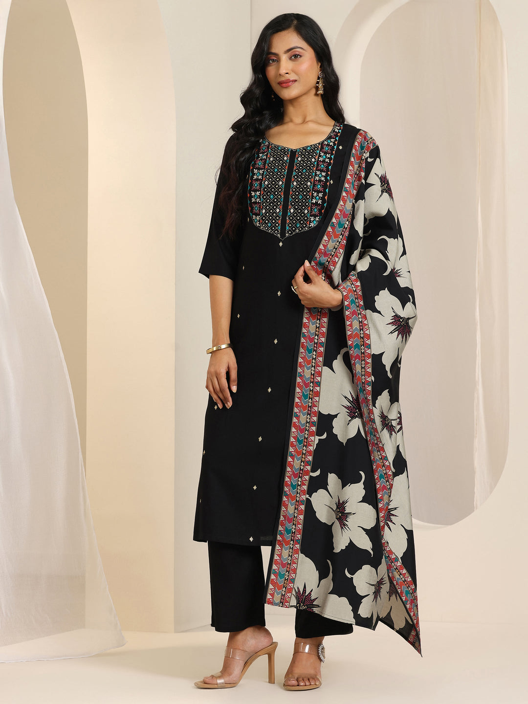  Black Embroidered Viscose Rayon Straight Suit Set With Dupatta 
