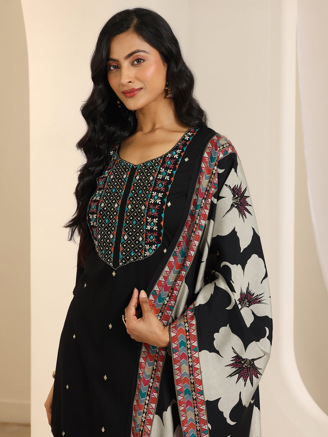  Black Embroidered Viscose Rayon Straight Suit Set With Dupatta 