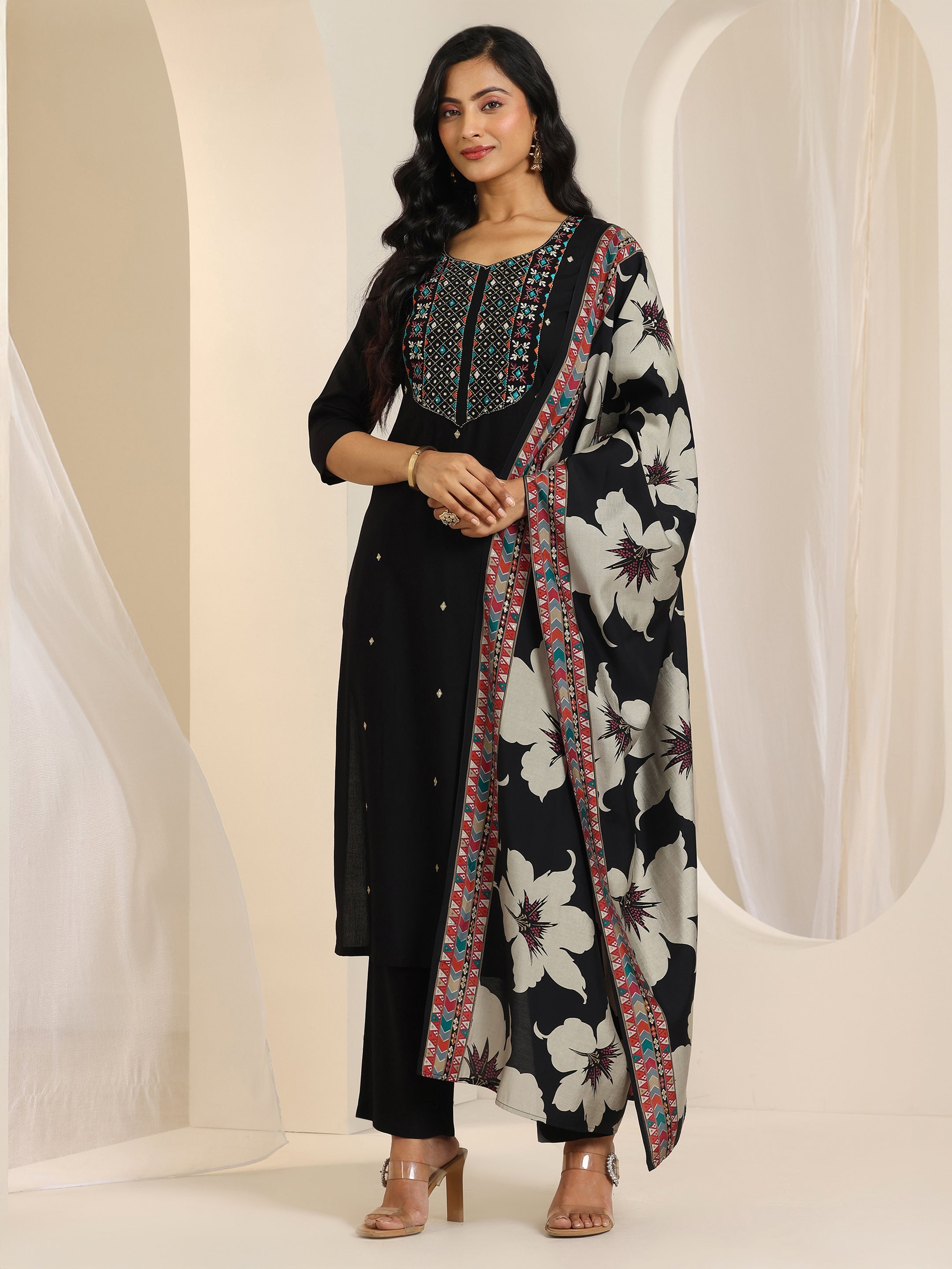 libas Black Embroidered Viscose Rayon Straight Suit Set With Dupatta-picture-48