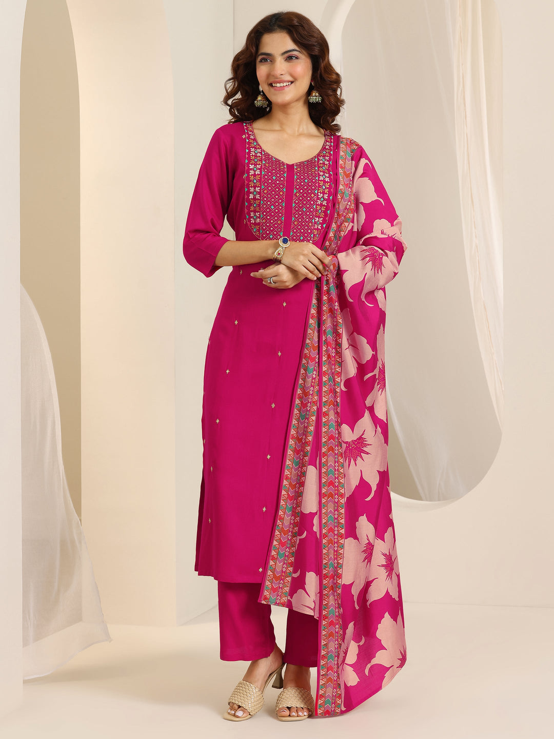  Pink Embroidered Viscose Rayon Straight Suit Set With Dupatta 