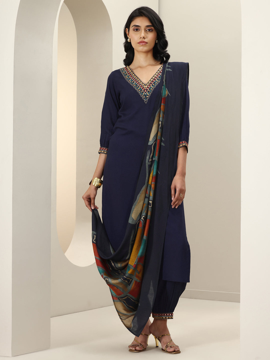  Blue Embroidered Viscose Rayon Straight Suit Set With Dupatta 