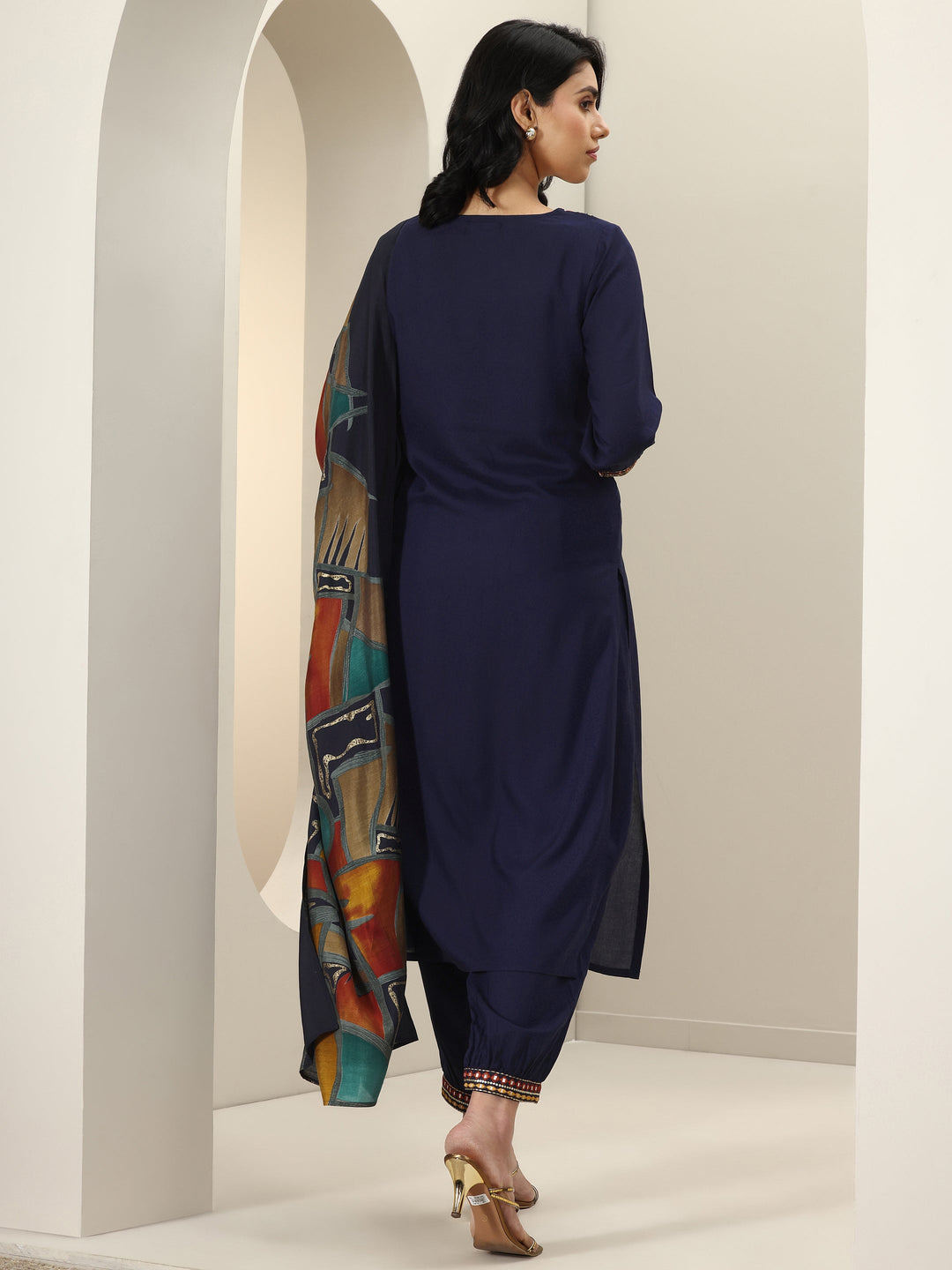  Blue Embroidered Viscose Rayon Straight Suit Set With Dupatta 