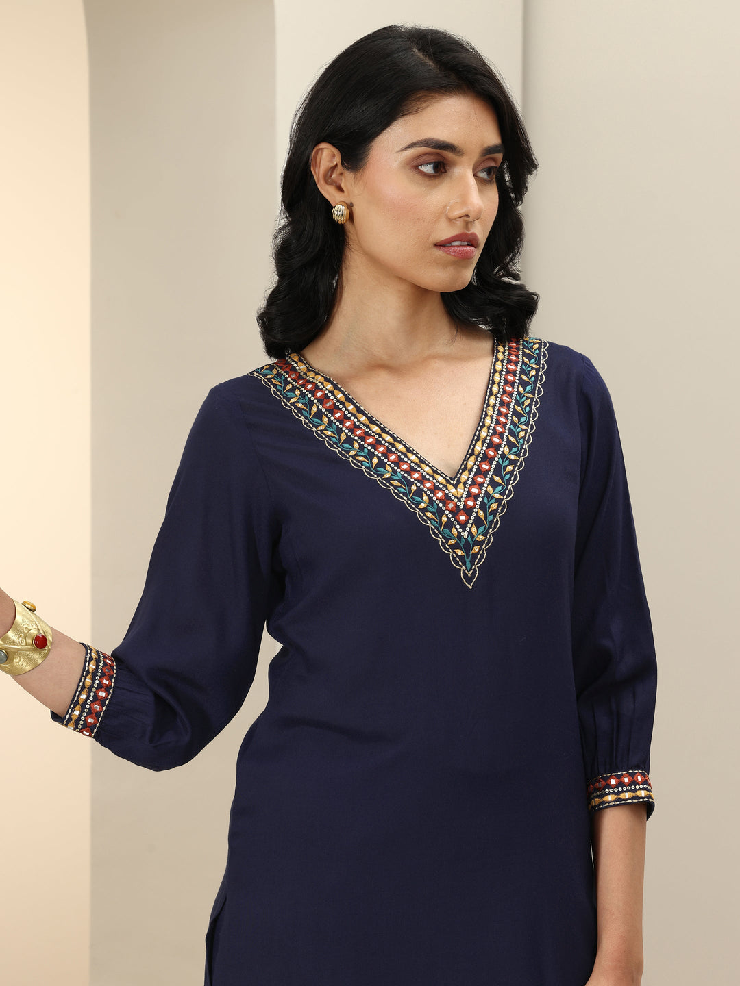  Blue Embroidered Viscose Rayon Straight Suit Set With Dupatta 