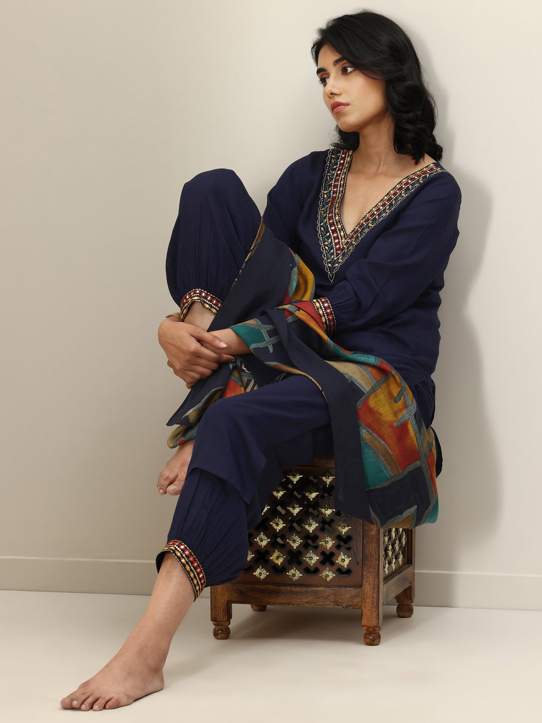  Blue Embroidered Viscose Rayon Straight Suit Set With Dupatta 