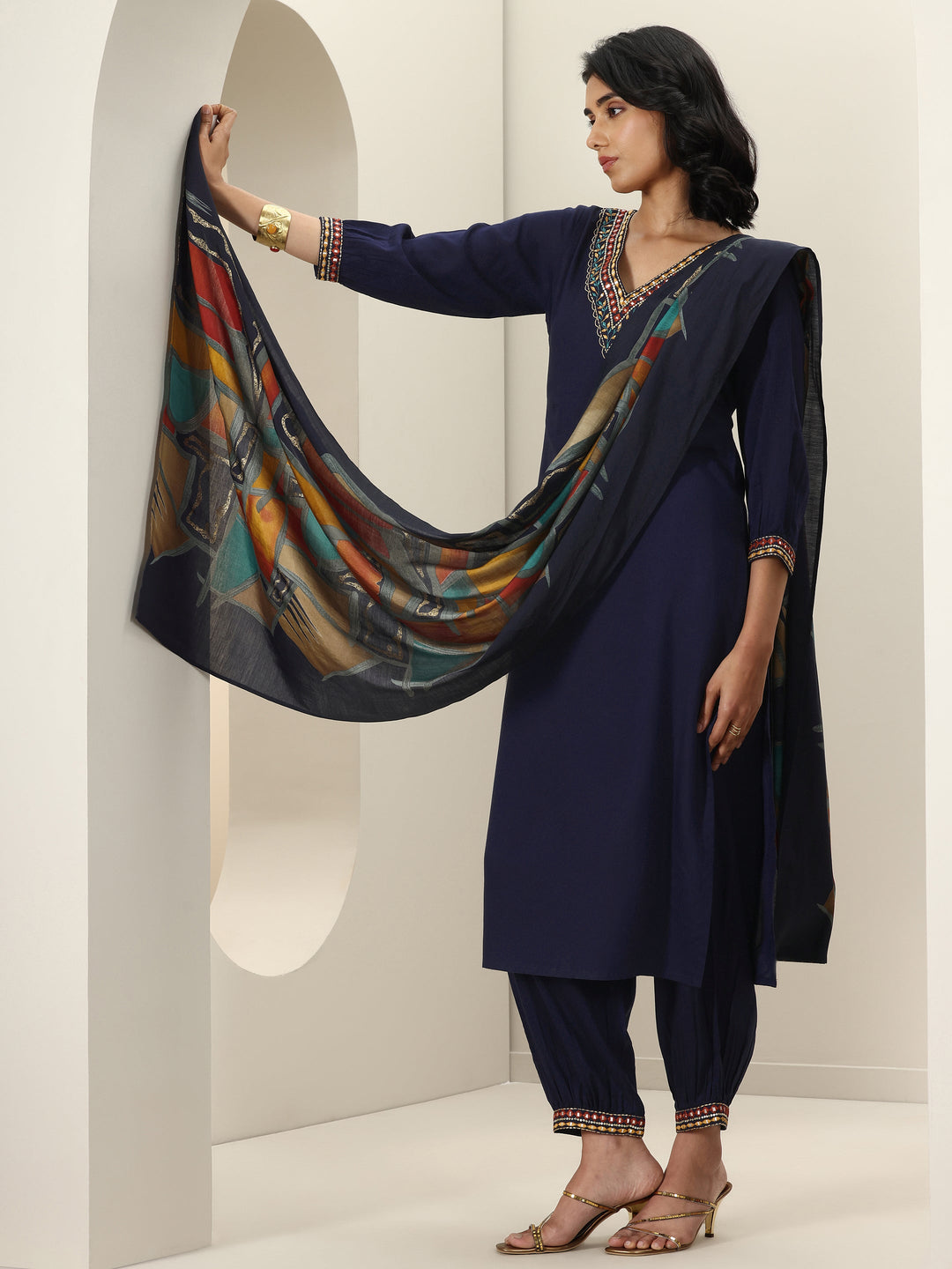  Blue Embroidered Viscose Rayon Straight Suit Set With Dupatta 
