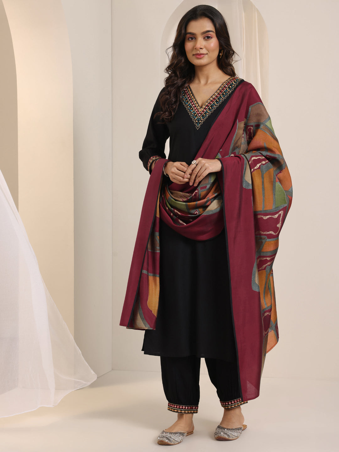  Black Embroidered Viscose Rayon Straight Suit Set With Dupatta 