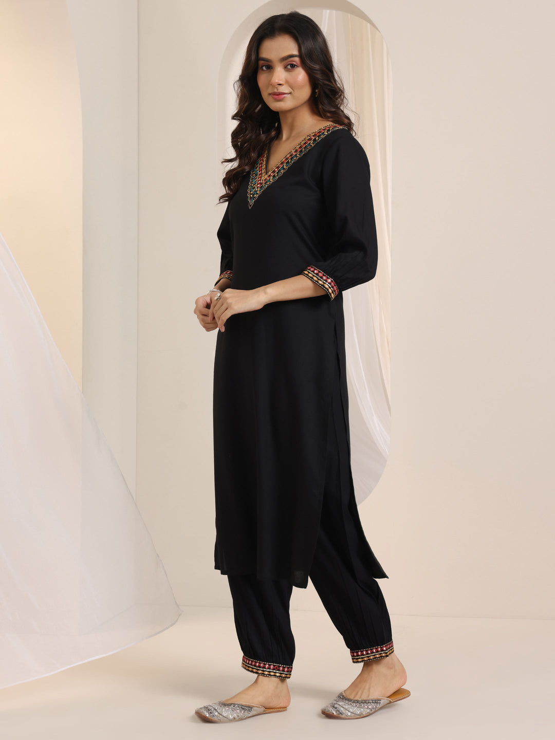  Black Embroidered Viscose Rayon Straight Suit Set With Dupatta 