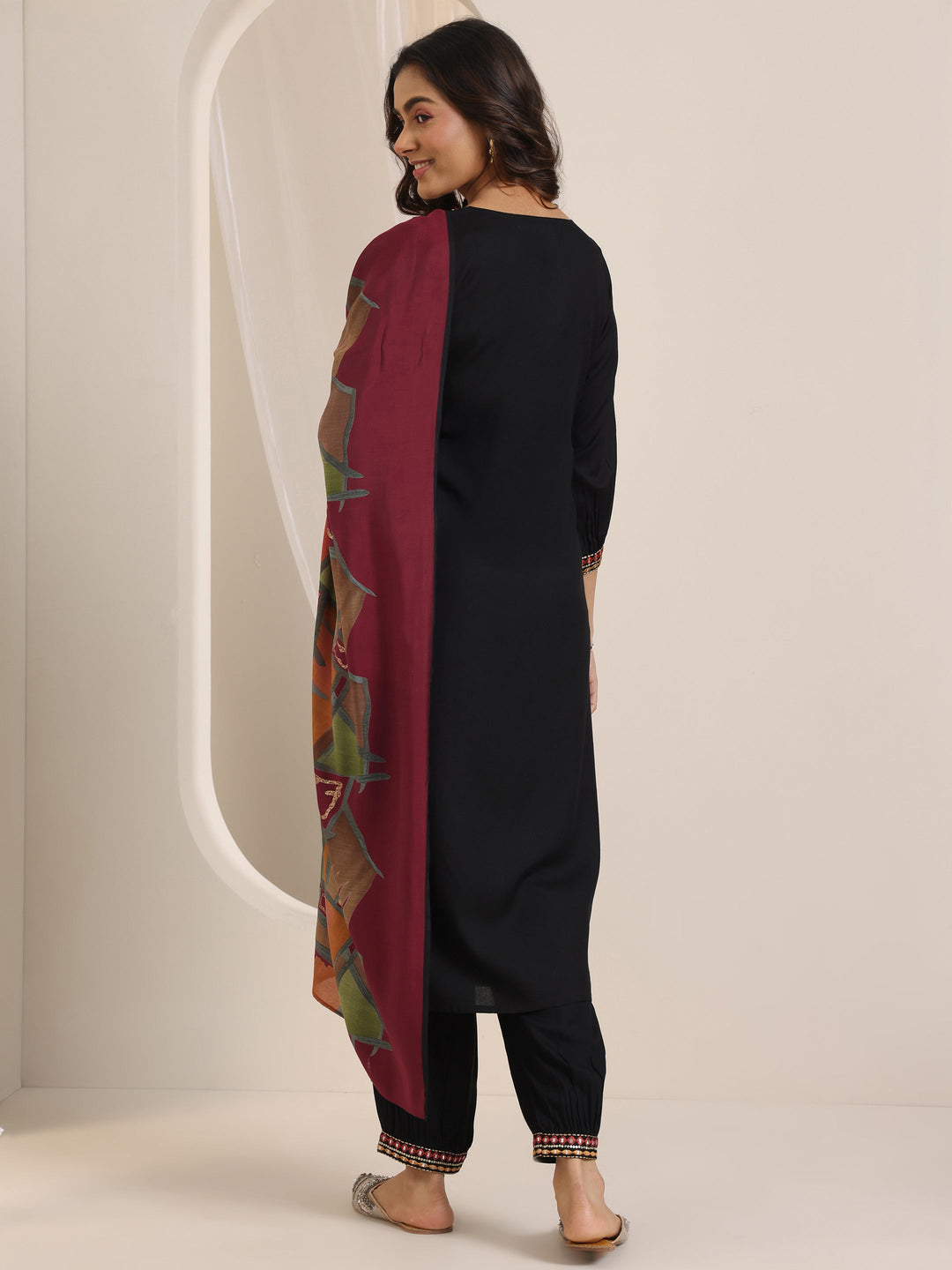  Black Embroidered Viscose Rayon Straight Suit Set With Dupatta 