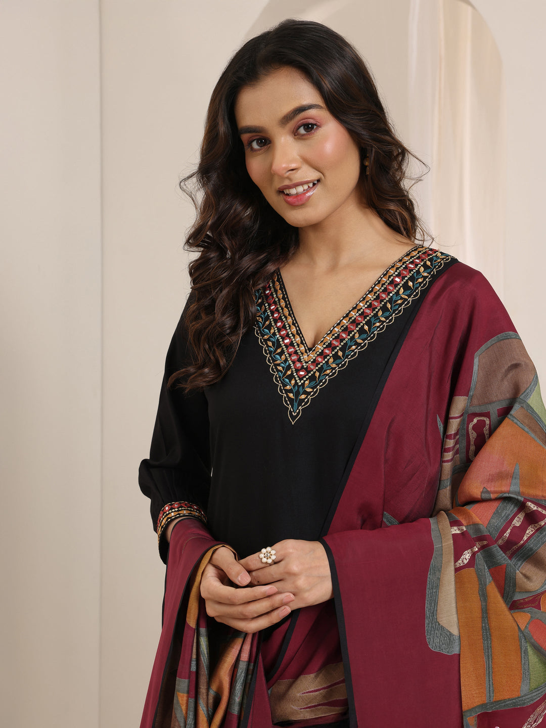  Black Embroidered Viscose Rayon Straight Suit Set With Dupatta 