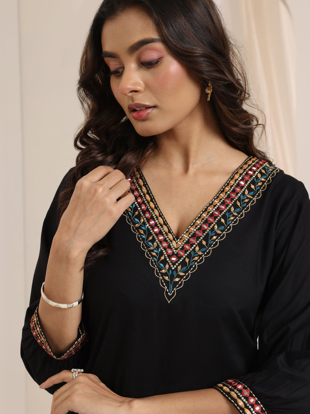  Black Embroidered Viscose Rayon Straight Suit Set With Dupatta 