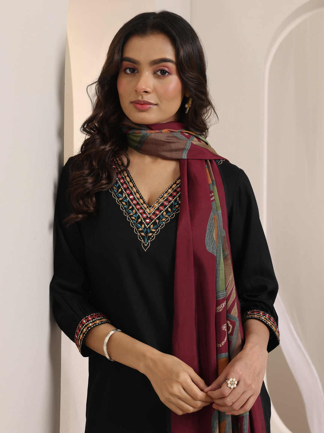  Black Embroidered Viscose Rayon Straight Suit Set With Dupatta 
