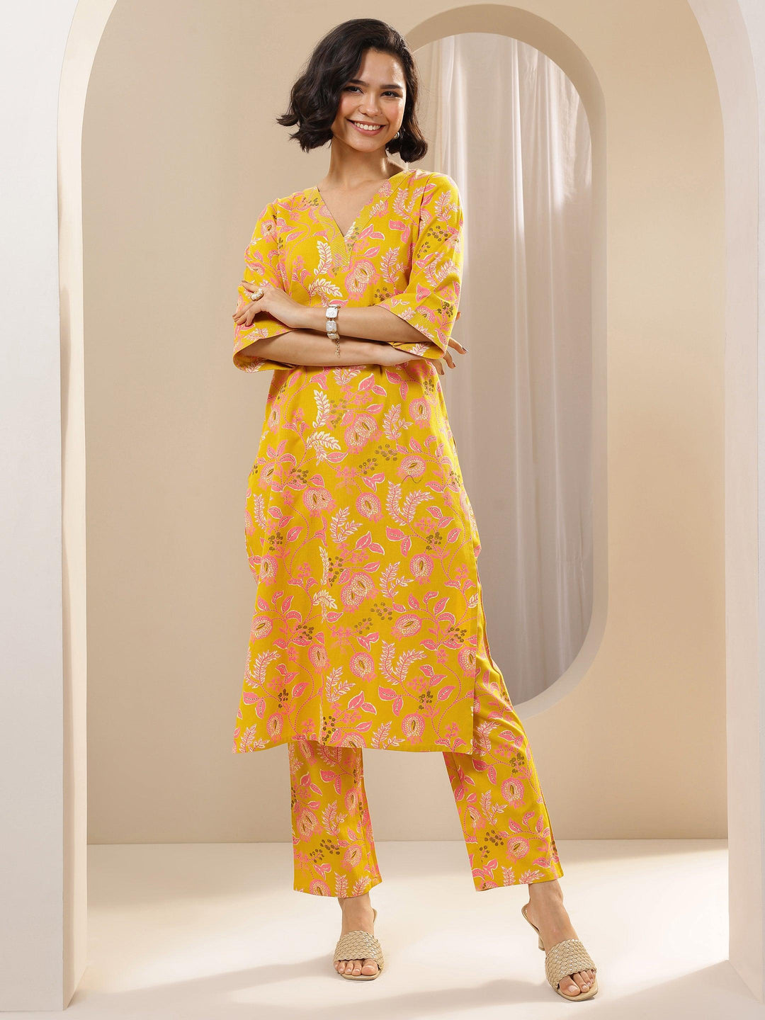 Yellow Printed Cotton Blend Straight Kurta Set