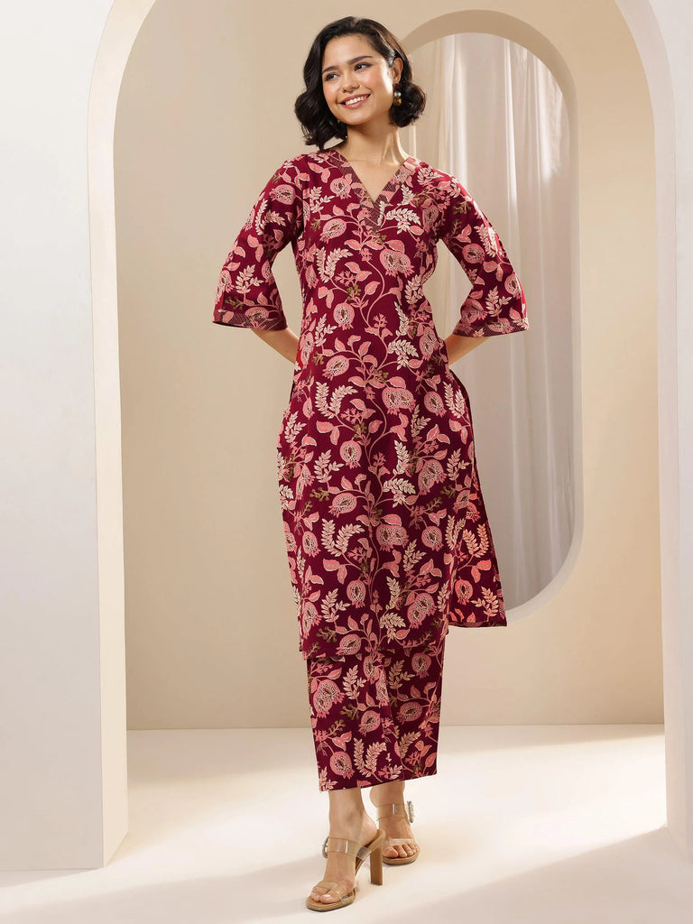 Libas Maroon Printed Cotton Blend Straight Kurta Set