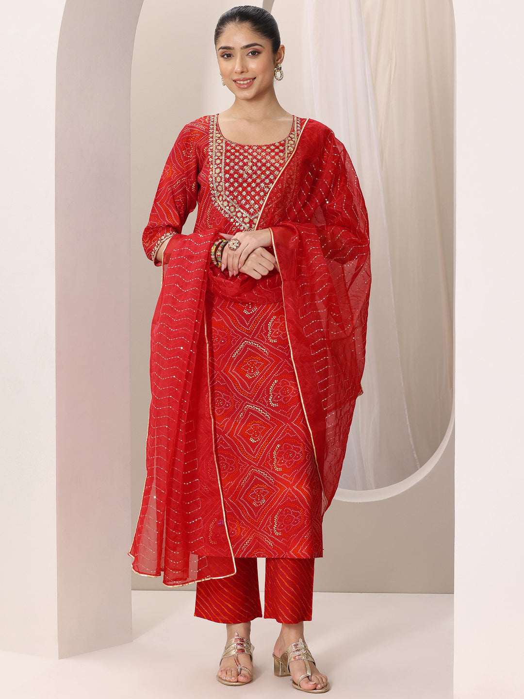Red Printed Silk Blend Straight Suit Set With Dupatta