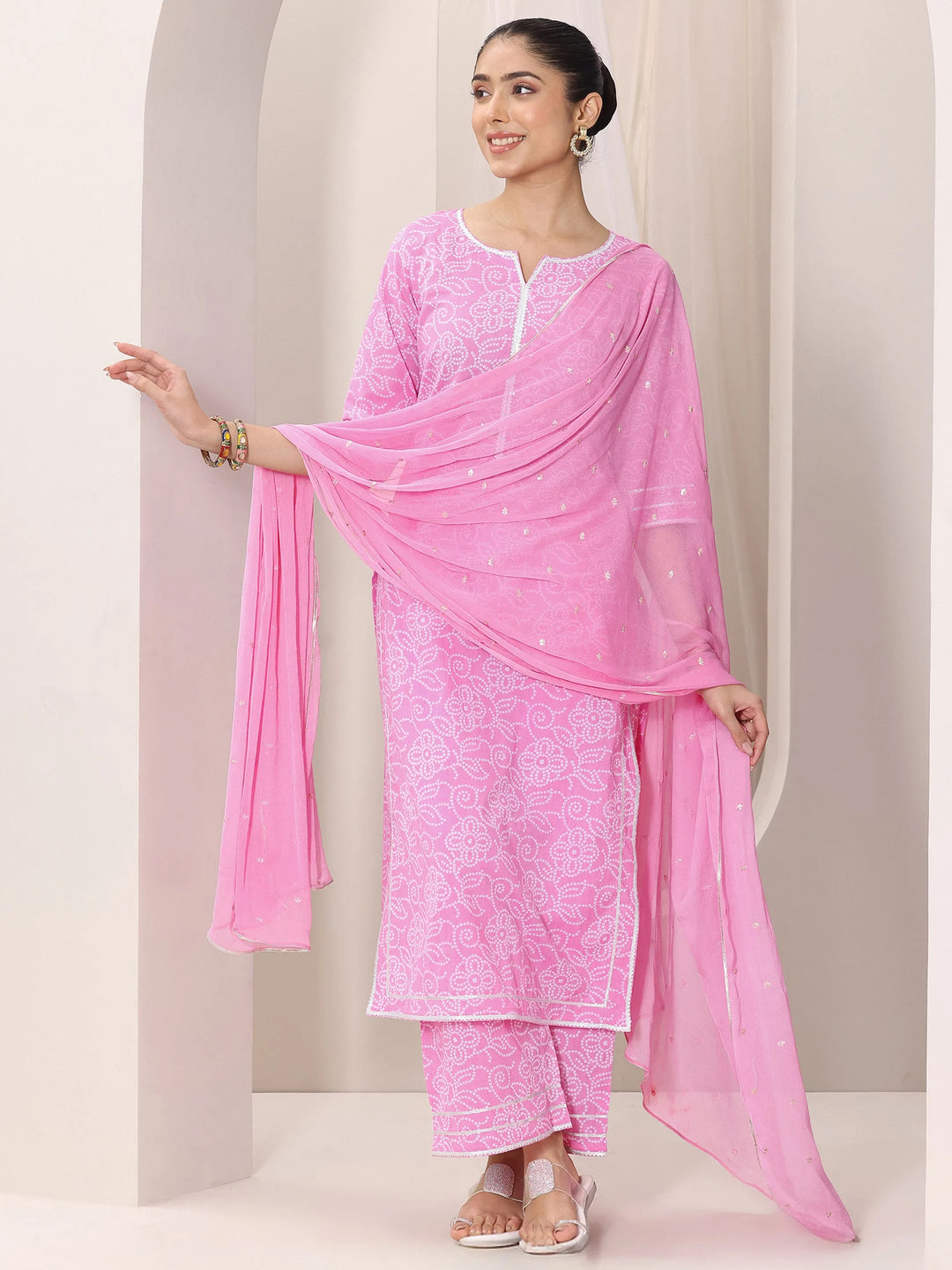  Pink Printed Cotton Straight Suit Set With Dupatta 