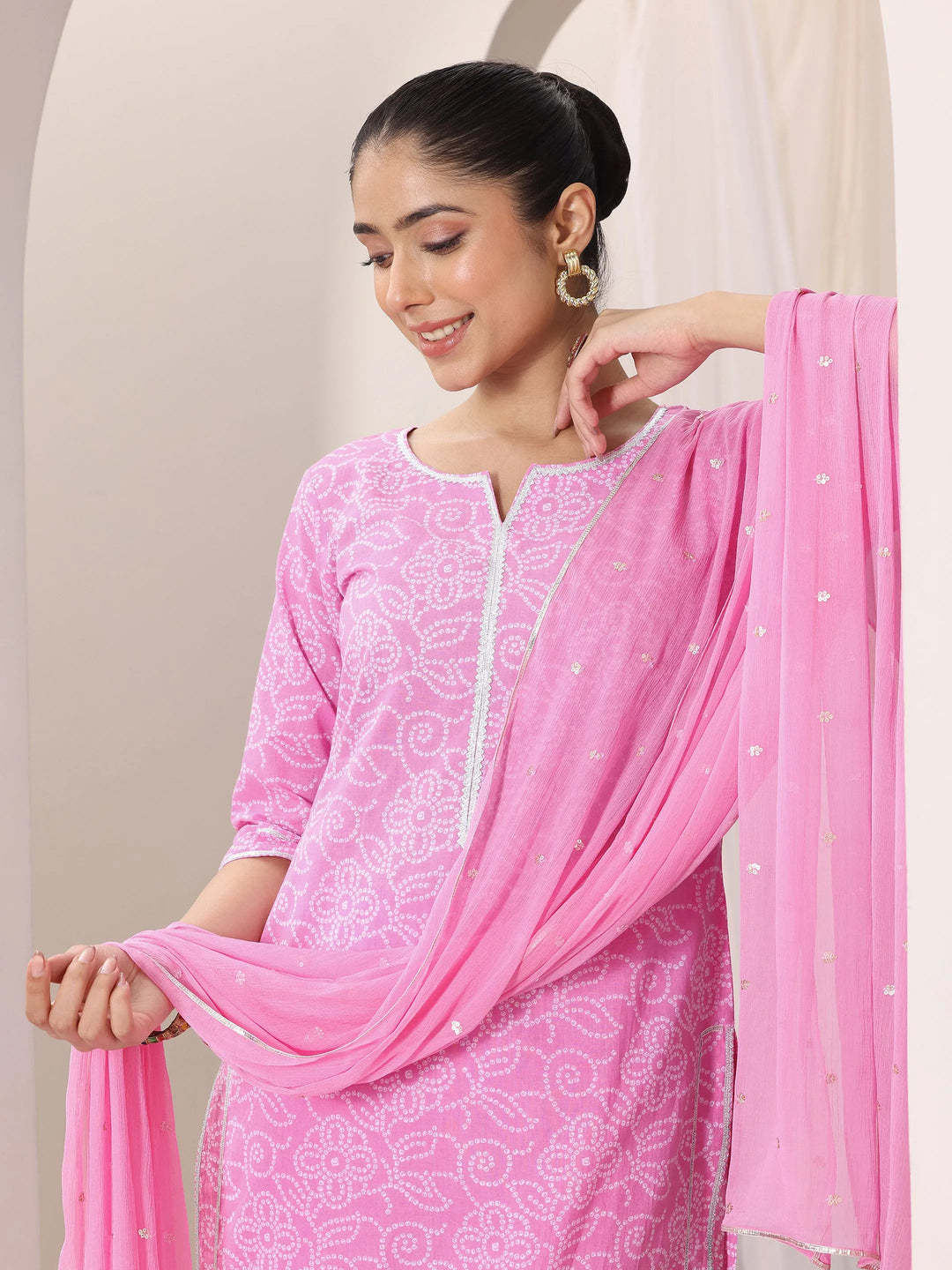  Pink Printed Cotton Straight Suit Set With Dupatta 