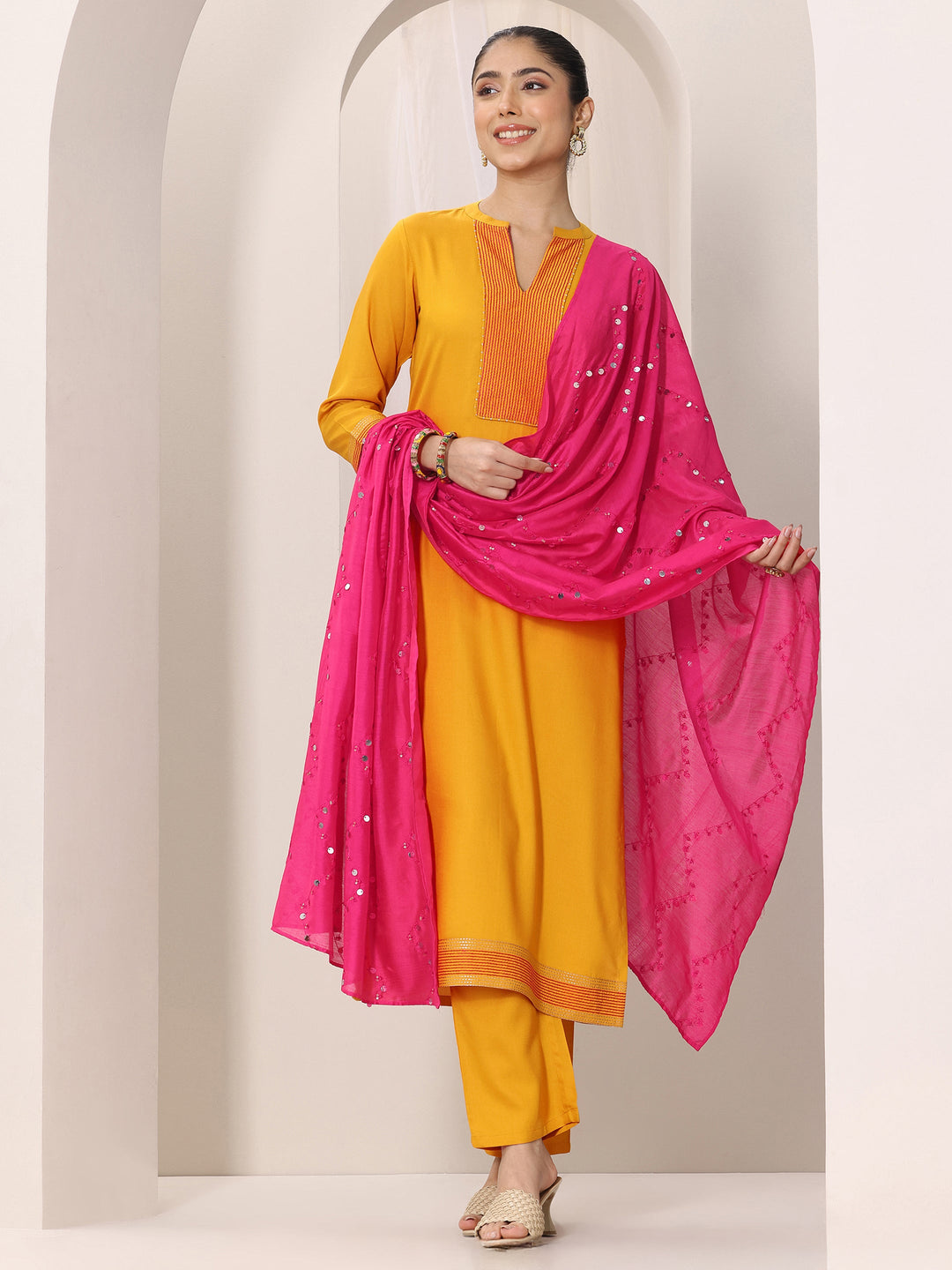  Mustard Yoke Design Viscose Rayon Straight Suit Set With Dupatta 