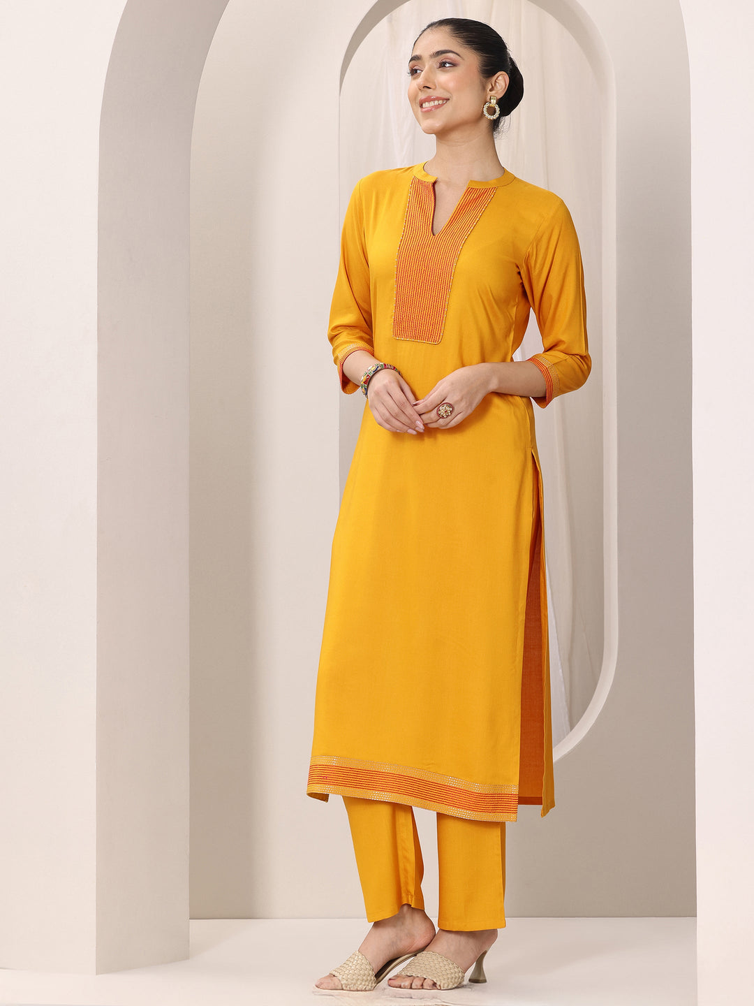  Mustard Yoke Design Viscose Rayon Straight Suit Set With Dupatta 
