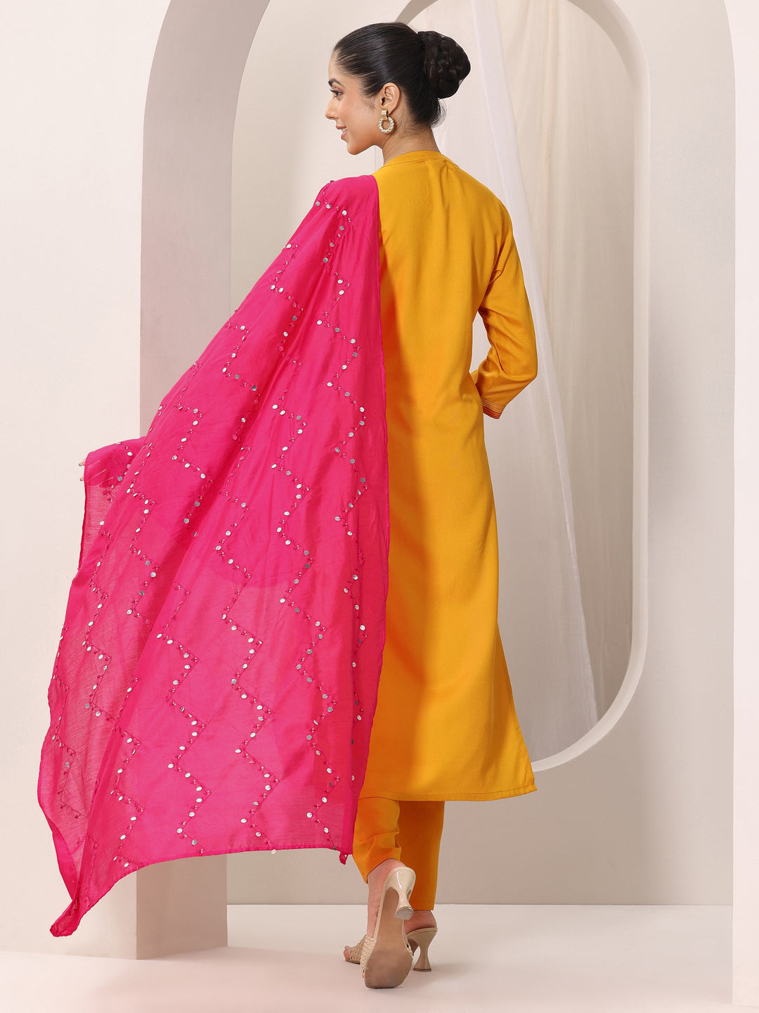  Mustard Yoke Design Viscose Rayon Straight Suit Set With Dupatta 