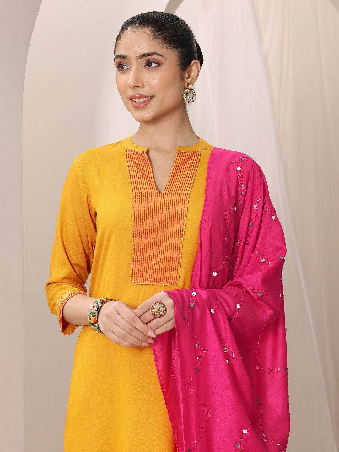  Mustard Yoke Design Viscose Rayon Straight Suit Set With Dupatta 