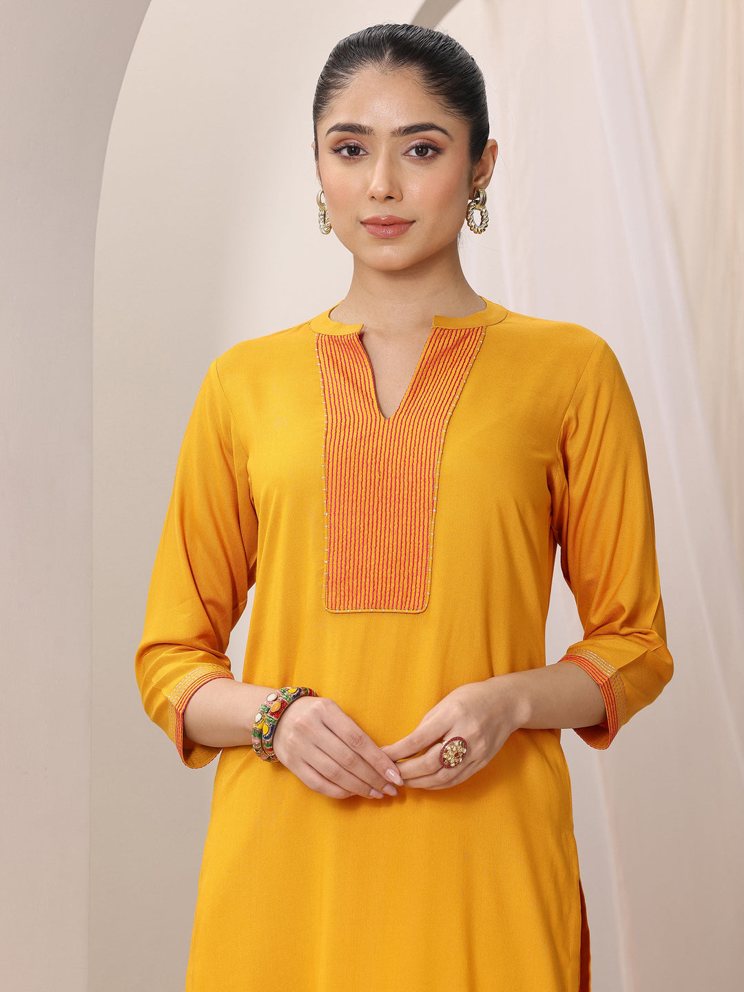  Mustard Yoke Design Viscose Rayon Straight Suit Set With Dupatta 