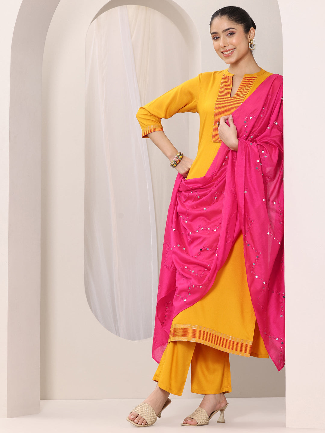  Mustard Yoke Design Viscose Rayon Straight Suit Set With Dupatta 