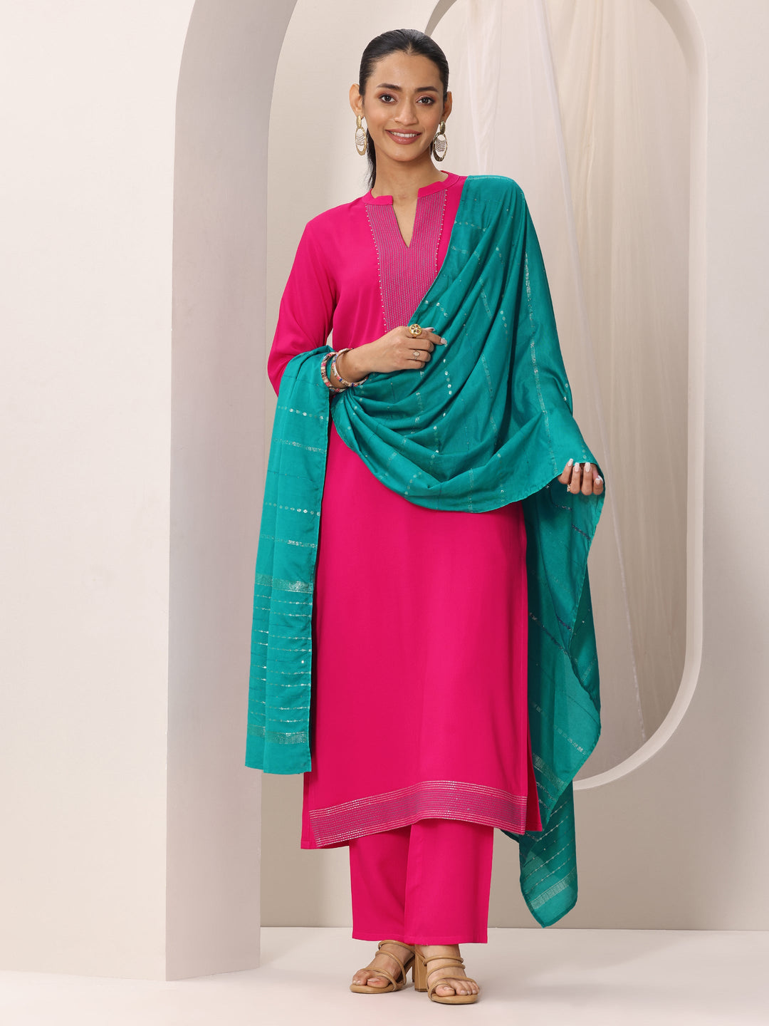  Pink Yoke Design Viscose Rayon Straight Suit Set With Dupatta 