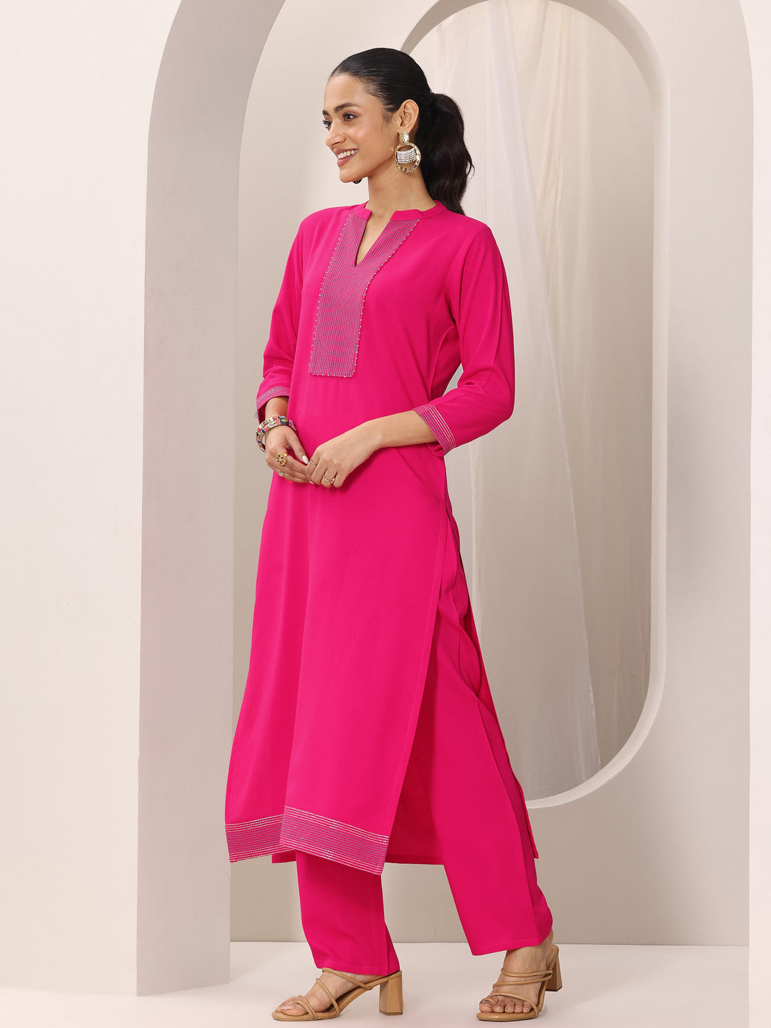  Pink Yoke Design Viscose Rayon Straight Suit Set With Dupatta 