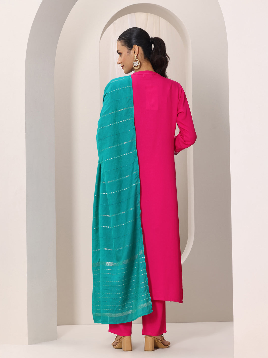  Pink Yoke Design Viscose Rayon Straight Suit Set With Dupatta 