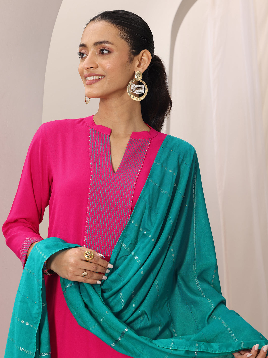  Pink Yoke Design Viscose Rayon Straight Suit Set With Dupatta 