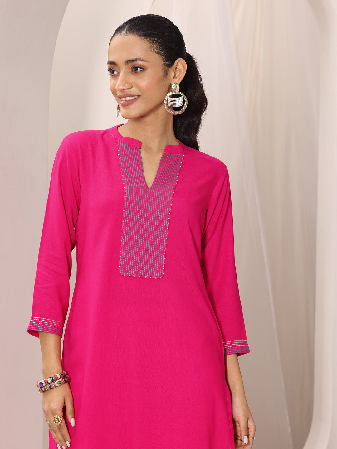  Pink Yoke Design Viscose Rayon Straight Suit Set With Dupatta 