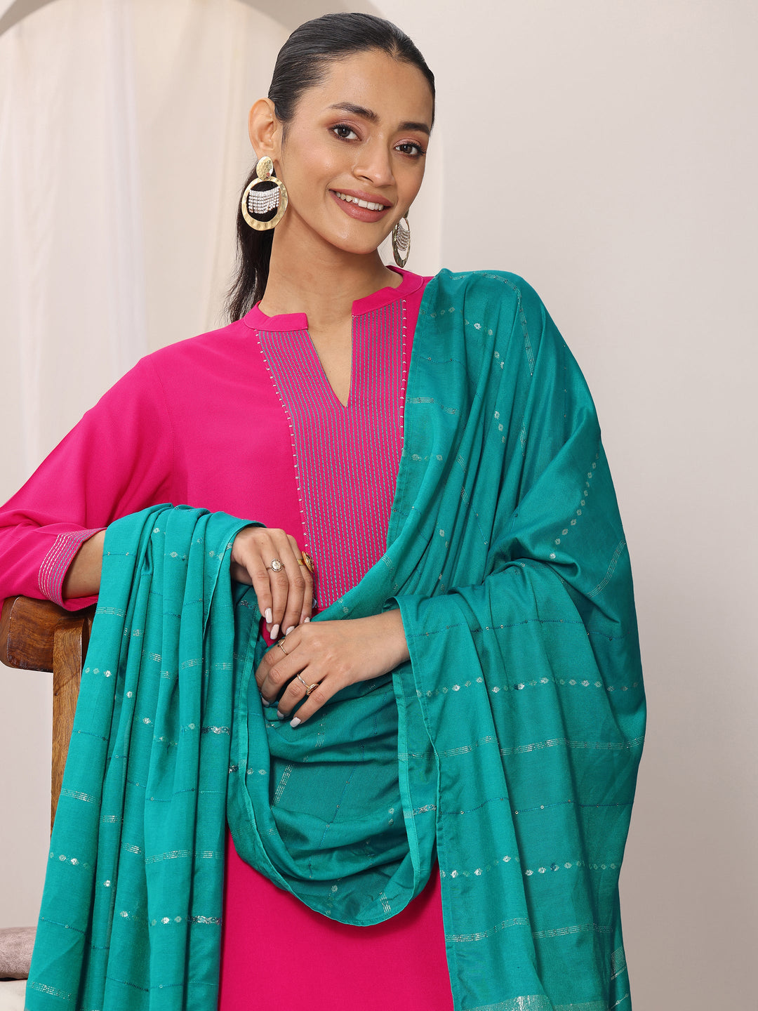  Pink Yoke Design Viscose Rayon Straight Suit Set With Dupatta 