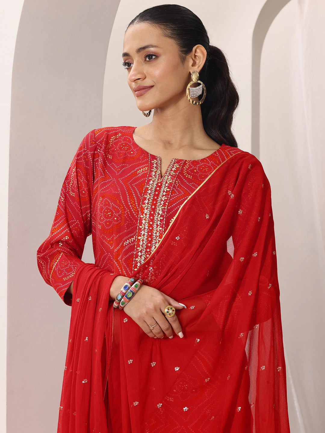  Red Bandhani Silk Blend Straight Suit Set With Dupatta 