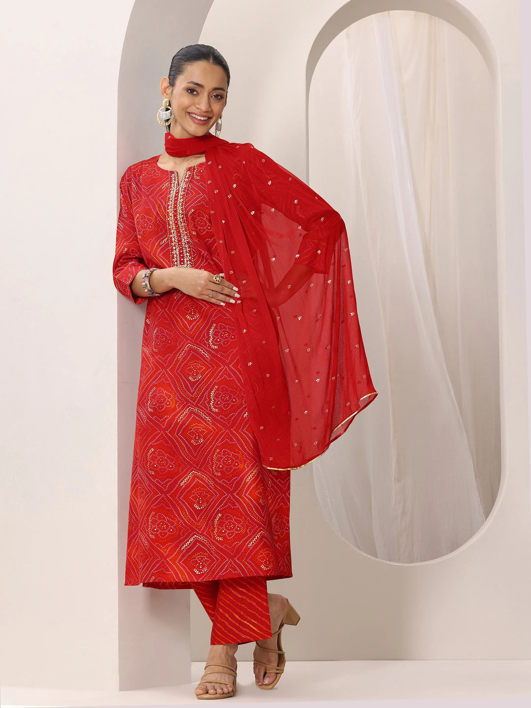  Red Bandhani Silk Blend Straight Suit Set With Dupatta 