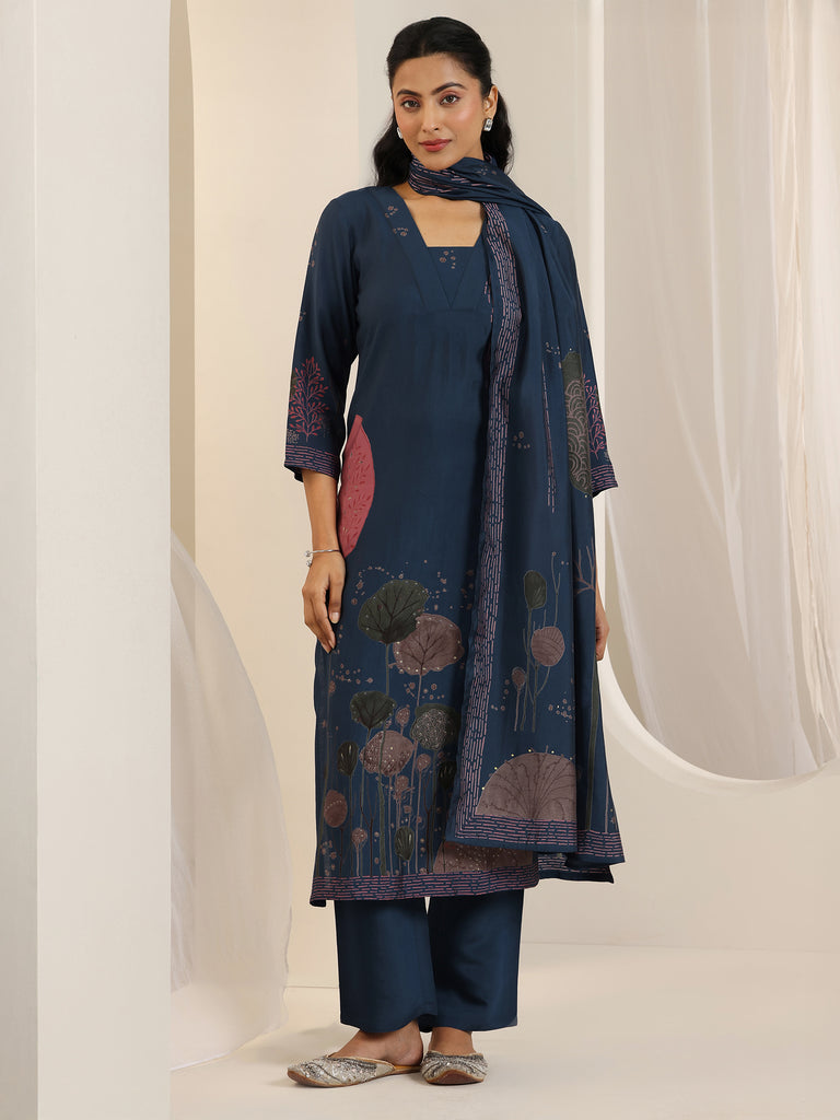 Libas Blue Printed Silk Blend Straight Suit Set With Dupatta