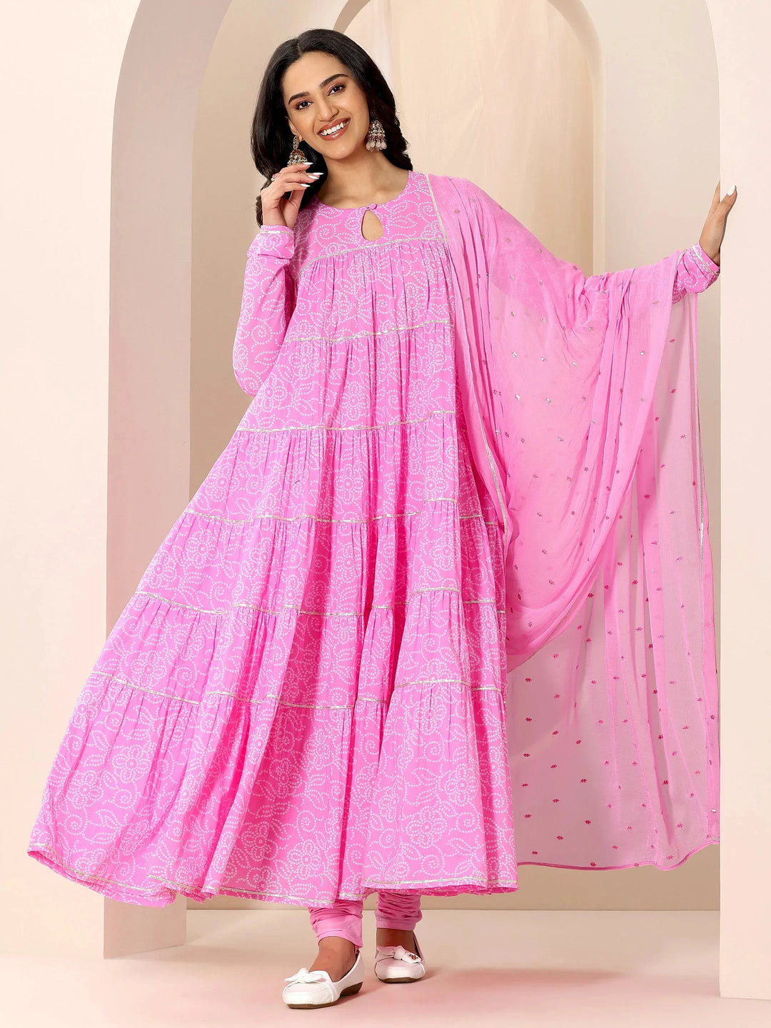  Pink Floral Printed Cotton Flared Suit Set With Dupatta 