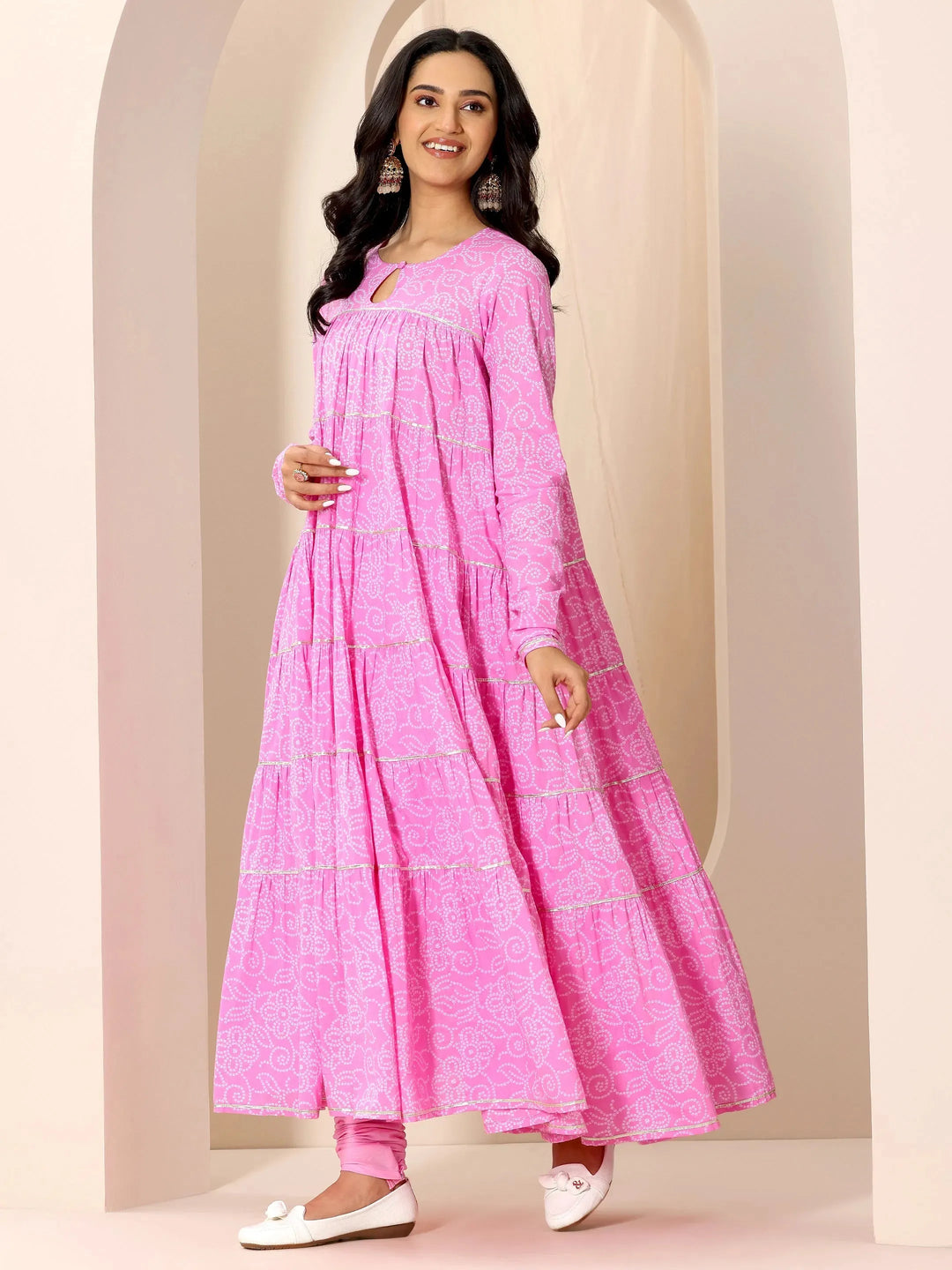  Pink Floral Printed Cotton Flared Suit Set With Dupatta 