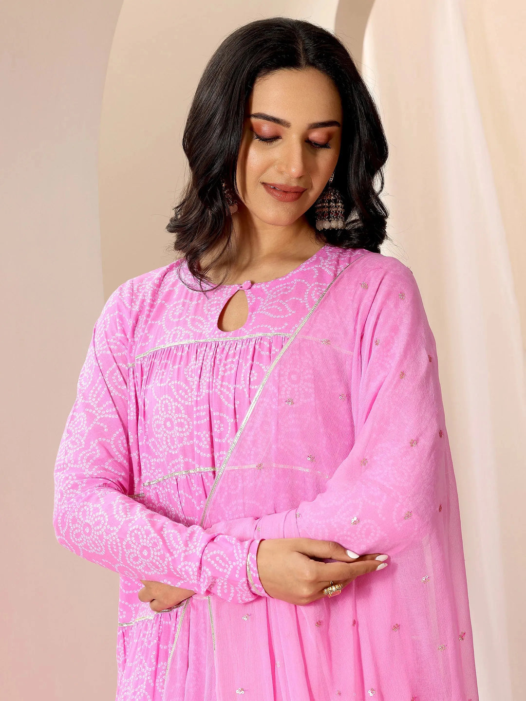  Pink Floral Printed Cotton Flared Suit Set With Dupatta 
