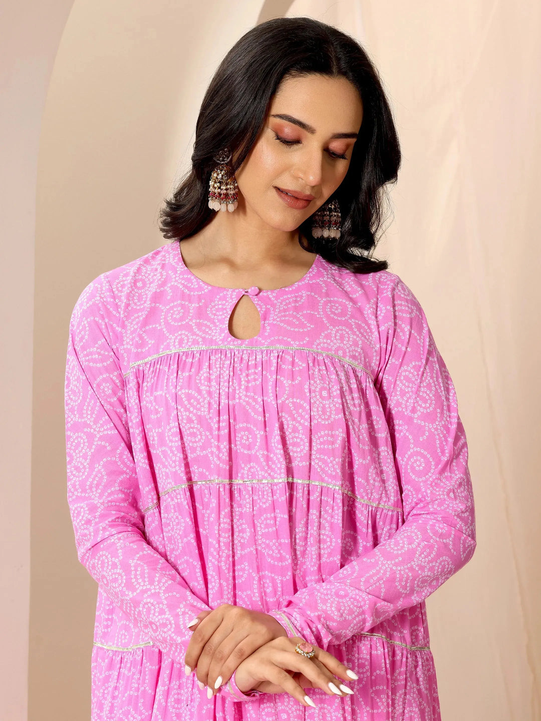  Pink Floral Printed Cotton Flared Suit Set With Dupatta 