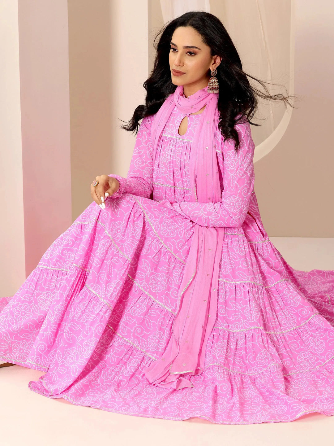  Pink Floral Printed Cotton Flared Suit Set With Dupatta 