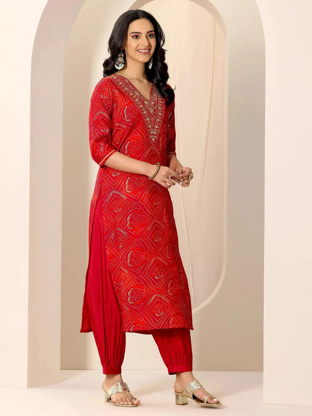  Red Bandhani Printed Silk Blend Straight Suit Set With Dupatta 