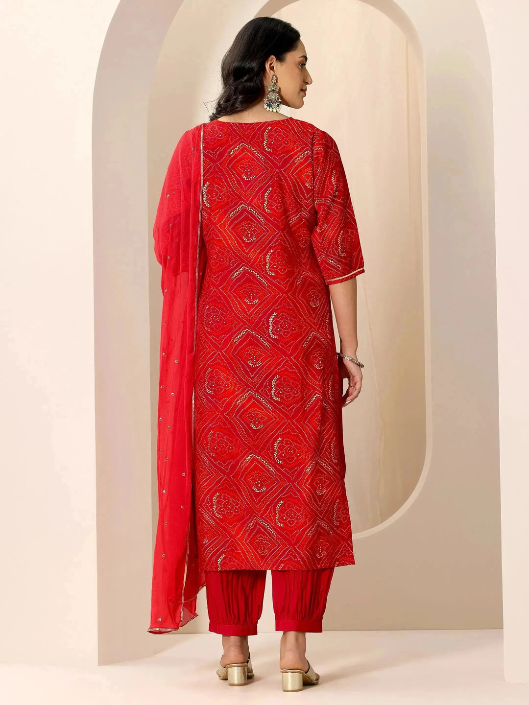  Red Bandhani Printed Silk Blend Straight Suit Set With Dupatta 